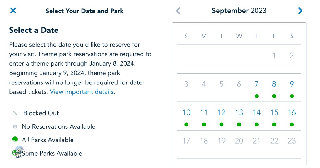 My Disney Experience App will take you to Disney World's Website to check park availability. This is the screen you will see to look at park availability. As you can see in September, all parks are available every day to make park pass reservations.