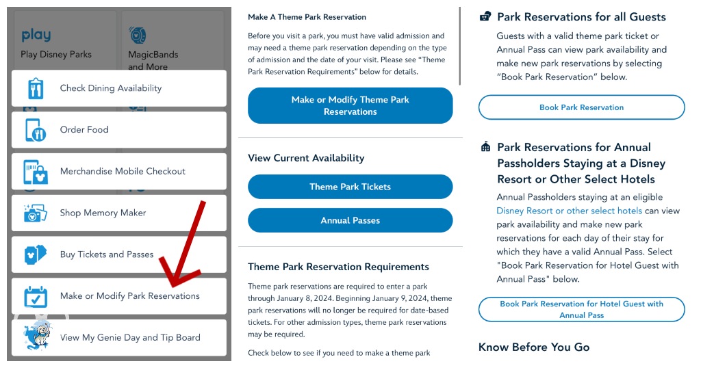 Go to the My Disney Experience App and click the + in the bottom center of your screen. Choose Make or Modify Park Reservations (red arrow pointing to this in the right side picture). From here you can either view the park availability calendar or make or change your park pass reservations. Then choose book park reservation.
