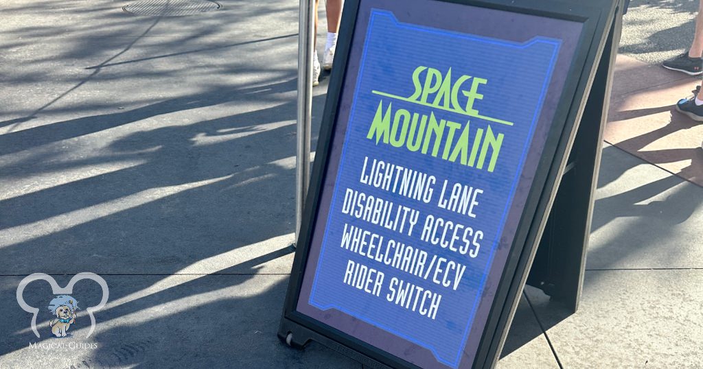 Space Mountain sign directing folks looking to take advantage of the rider switch option in Magic Kingdom.