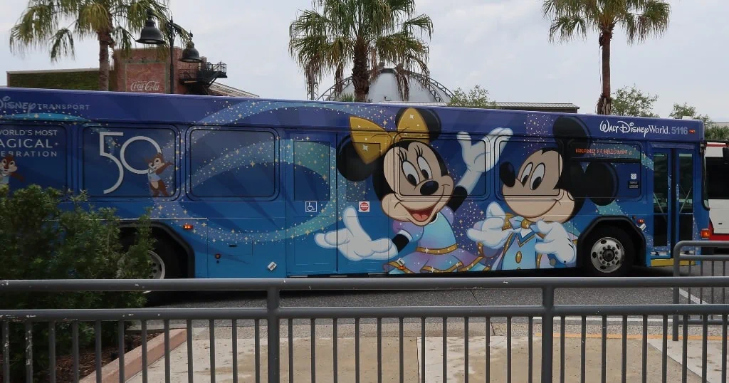 One of buses operated by Disney Transportation from Disney Springs to one of the resorts.