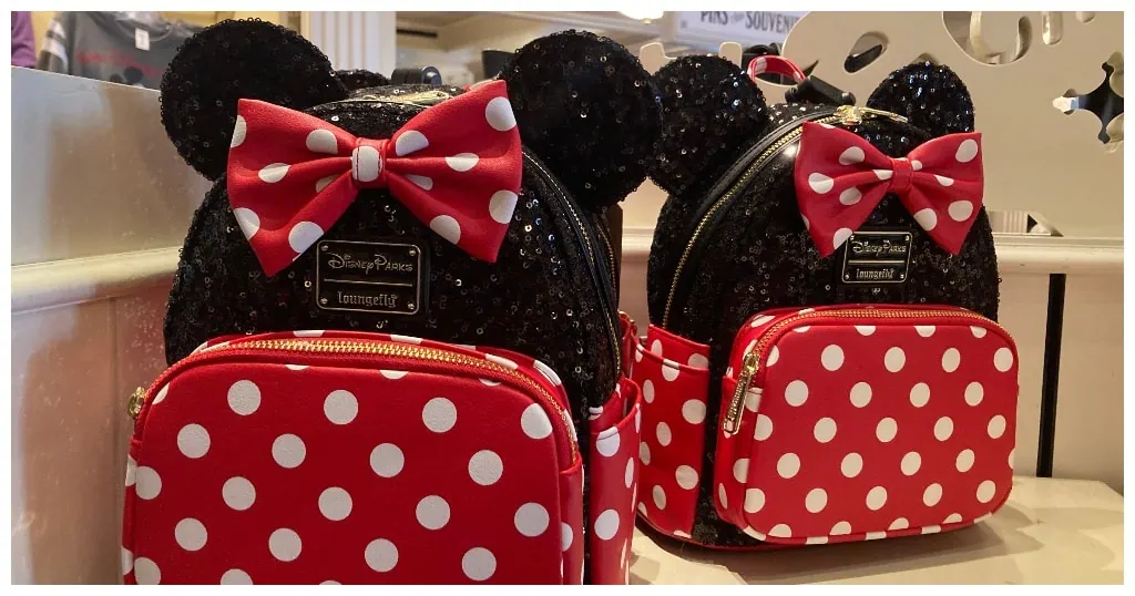 Loungefly backpacks with a Minnie theme for sale at Disney World.