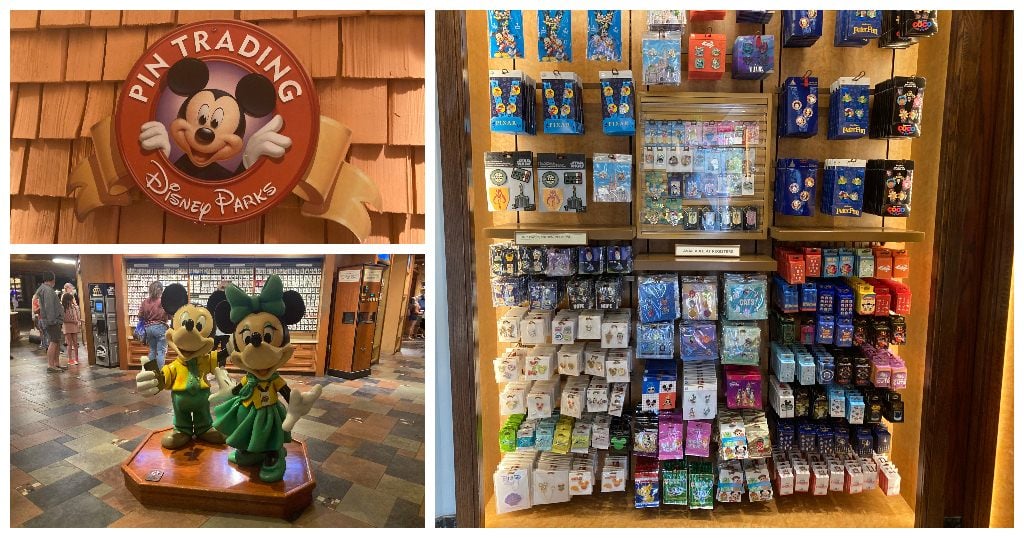 Pin Trading is very popular in Disney World. Top left is a sign for Pin Traders in Disney Springs along with the Minnie and Mickey statues on the bottom left from the same store. The right shows lanyards and pins available in Disney Springs.