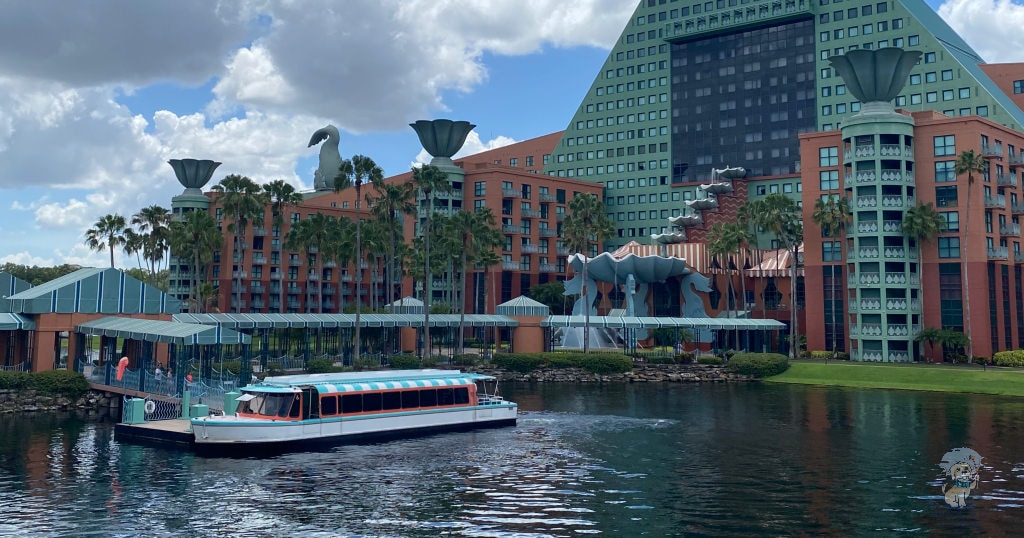 Friendship Boat stopping at Swan and Dolphin before heading to EPCOT and Hollywood Studios.