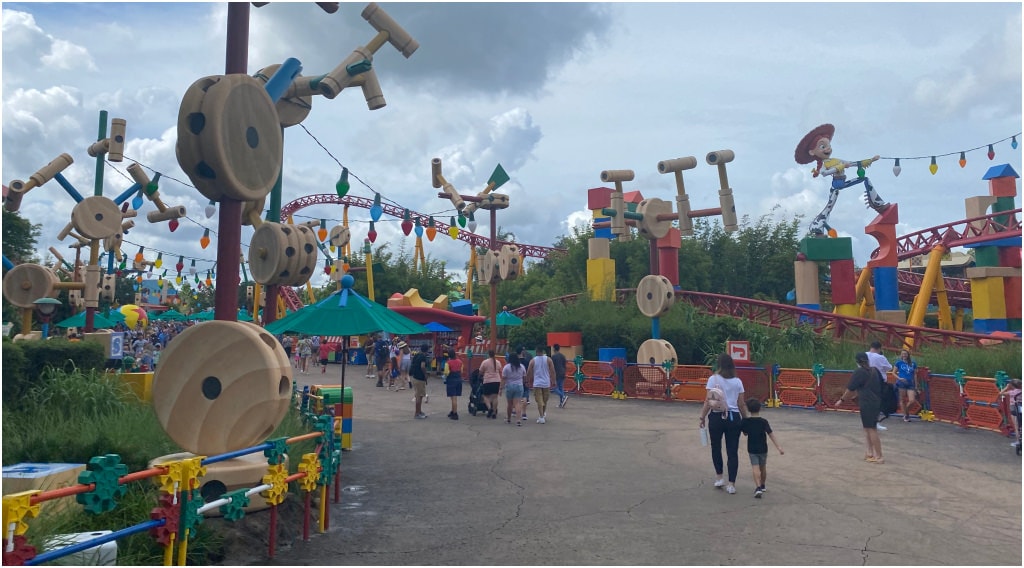 Toy Story Land inside of Hollywood Studios in September around lunchtime, empty.