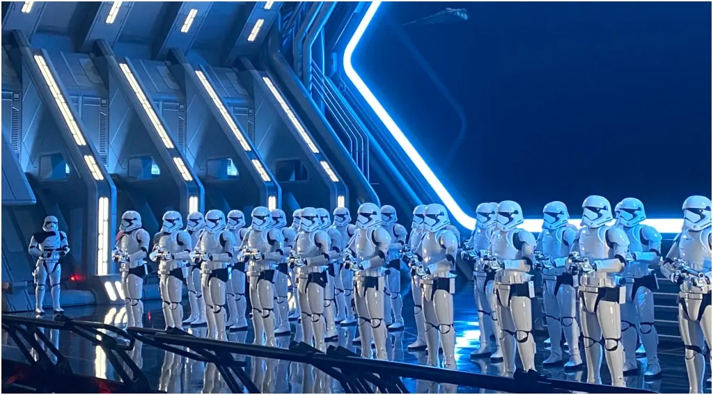 Rope Drop Rise of the Resistance - storm troopers standing at attention.