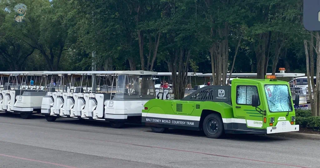 Trams sitting idle in the EPCOT parking lot