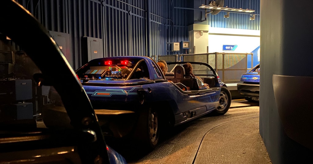 Waiting to get off Test Track after quickly getting through the single rider line.