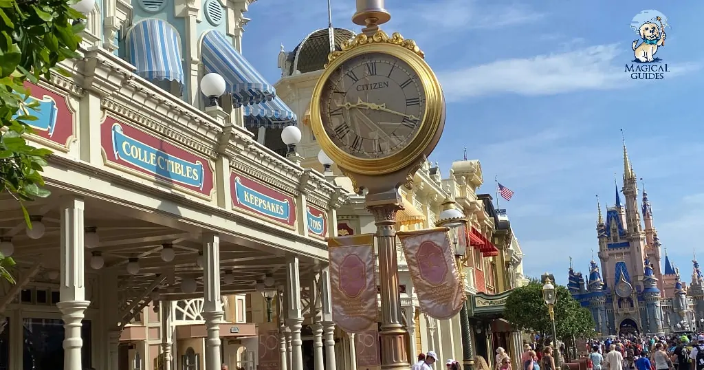 Citizen Clock as you enter Magic Kingdom on main street. (Photo by Bayley Clark for Magical Guides)