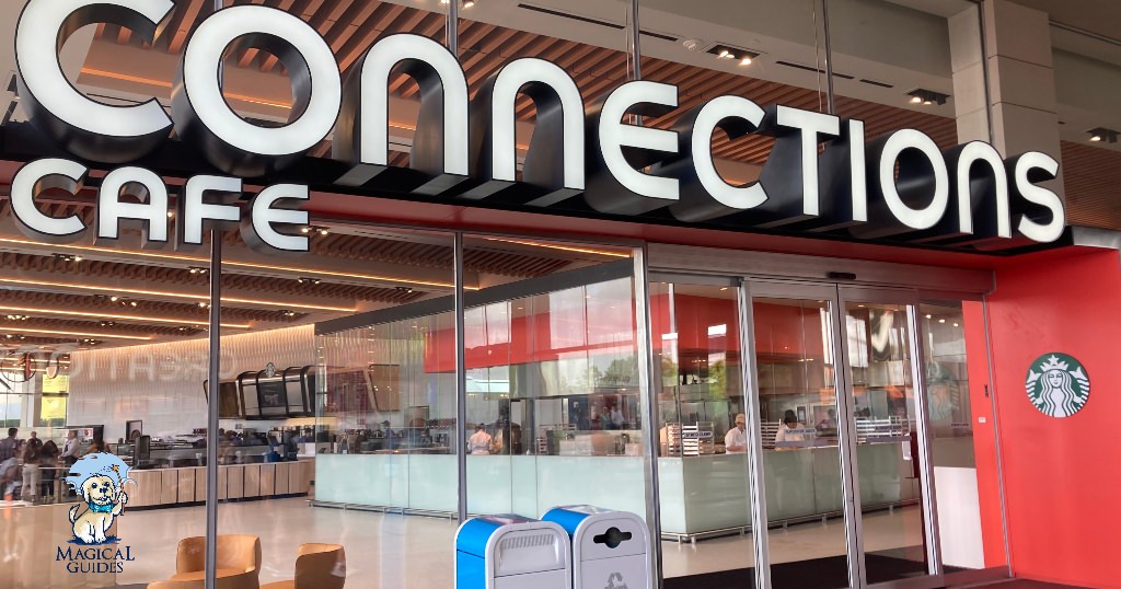 The new Connections Cafe in EPCOT, features Starbucks on one side, and quick service serving burgers, pizza, and salads on the other side.