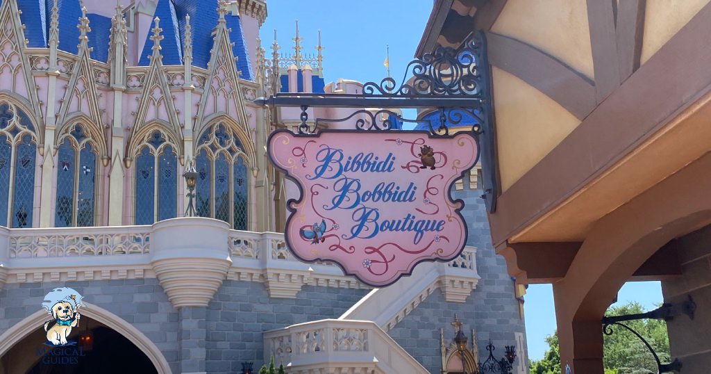 The sign where Bibbidi Bobbidi Boutique is located behind the Cinderella's Castle in Magic Kingdom