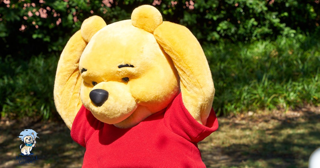 Pooh frustrated that he missed the floating butterfly in EPCOT's World Celebration area.