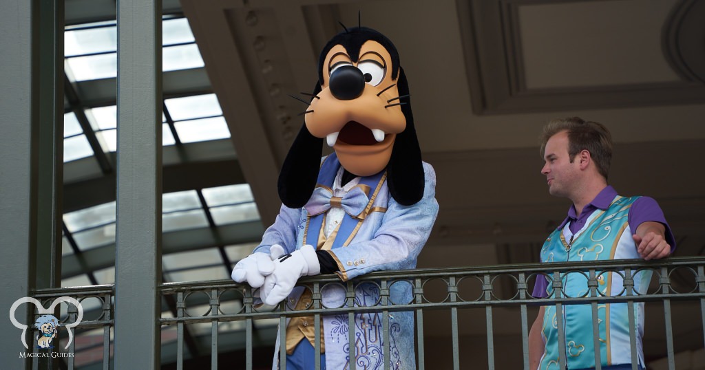 Goofy looking dapper in his 50th anniversary outfit at the train station in Magic Kingdom.