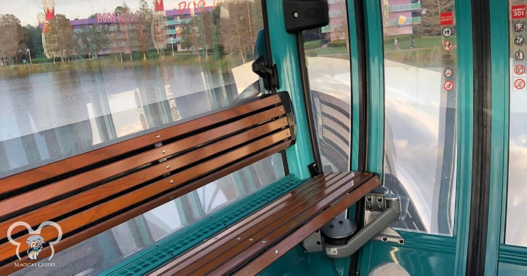 The wooden benches in the Skyliner can be a welcome site after walking a lot at Disney World.