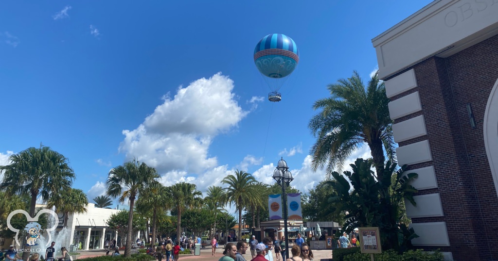 Admiring the Aerophile balloon float above Disney Springs from the entrance of Planet Hollywood.