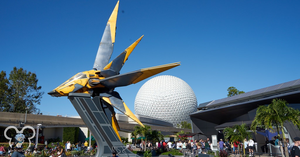 The entrance to Cosmic Rewind with the EPCOT ball in the background.