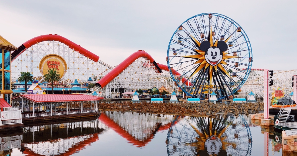 Early morning view of Pixar Pier located in Disney's California Adventure in Disneyland Resort in Anaheim California.
