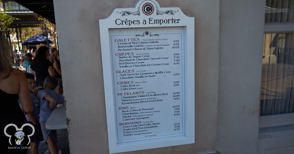 The menu at the window quick service, Crepes a Emporter.