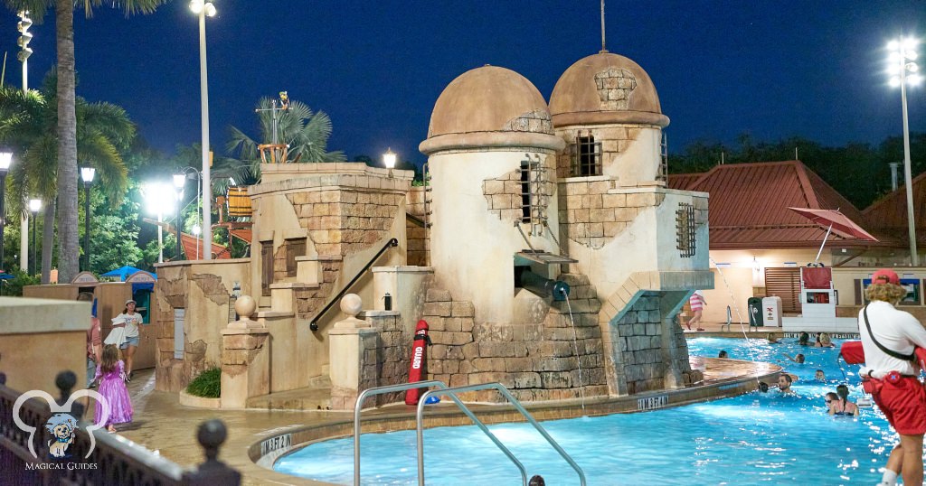 Fuentes del Morro Pool is styled in a Spanish themed fort at Caribbean Beach Resort.