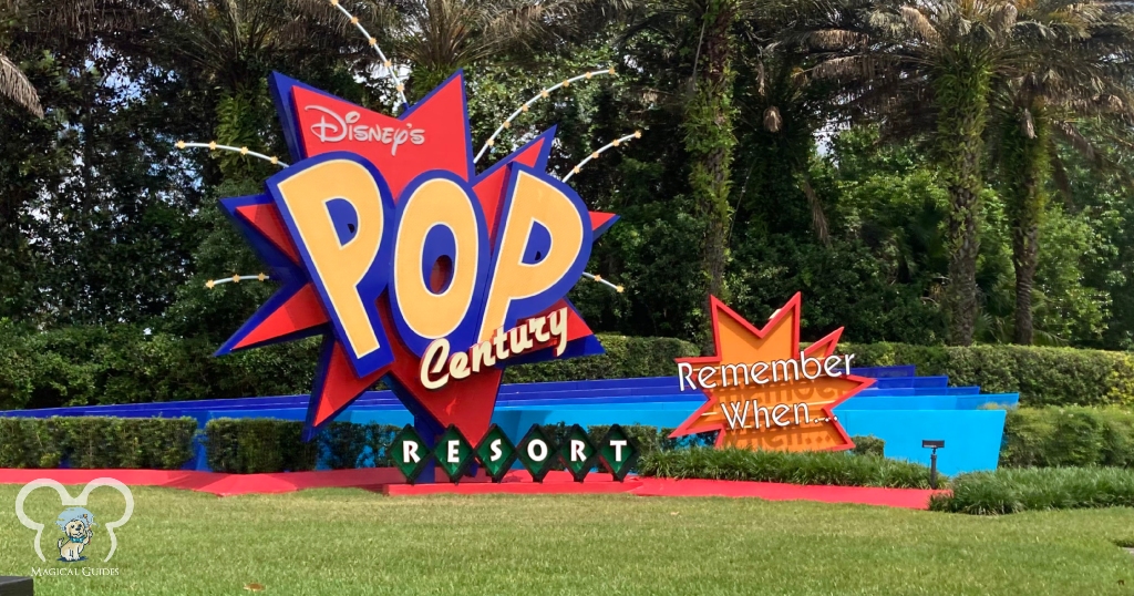 Disney's Pop Century Resort Sign at the front entrance, this value resort has access to Disney's Skyliner, which connects to Disney's EPCOT and Hollywood Studios.