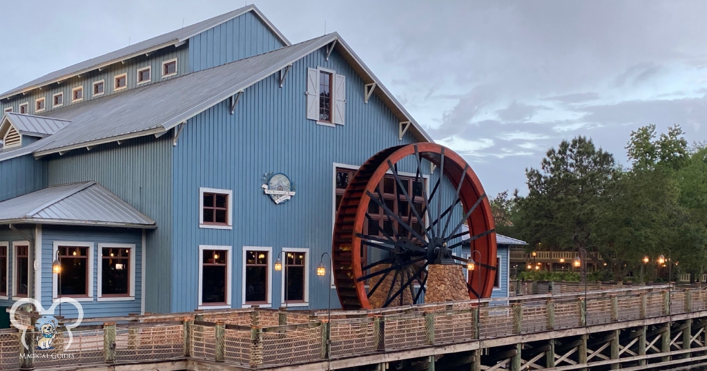 Port Orleans Riverside iconic water wheel that runs outside of the main food court.