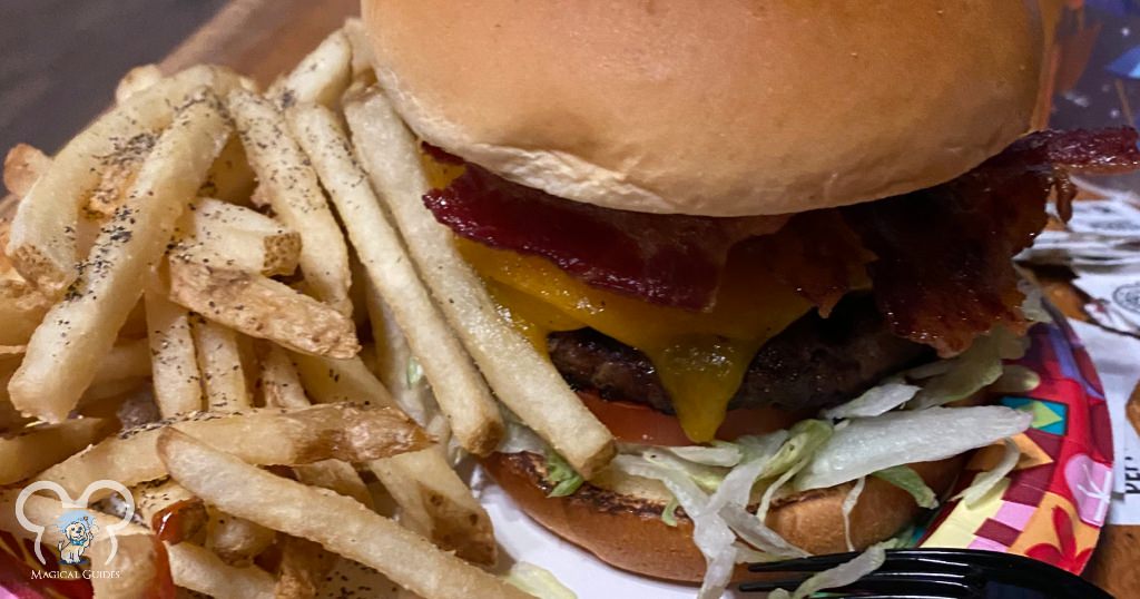 The bacon cheeseburger and fries from the Riverside Mill Food Court.