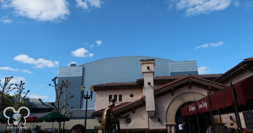 Up close standing in front of the Brown Derby, you can see the building that houses Disney Junior Play and Dance in Hollywood Studios.