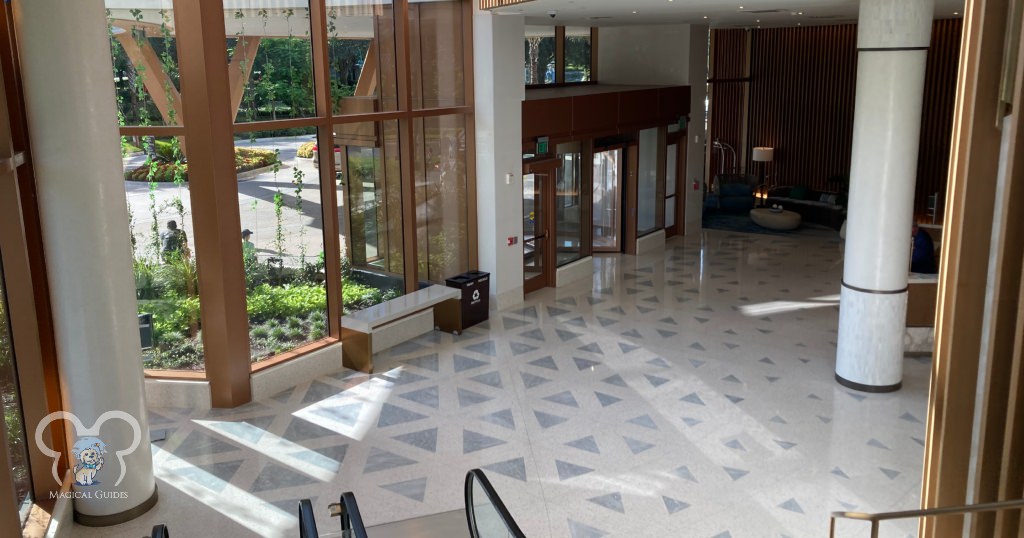 The lower lobby for the Swan Reserve. Bell Services, where groceries are delivered, is down the escalators to the right.