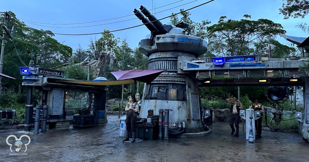 Rise of the Resistance entrance in the rain. Even with the outside elements of this ride, it did not close in the rain. Rain ponchos were very helpful.