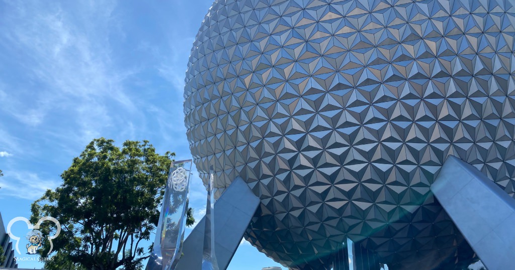 The entrance to EPCOT with a clear view of the many traiangles that make it up.