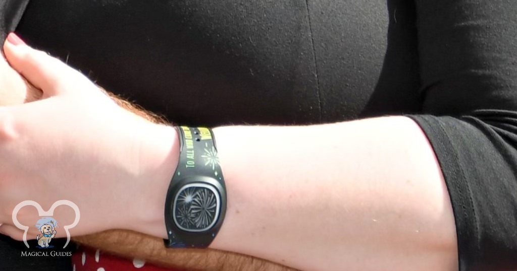 Pictured is the new MagicBand+ worn at Magic Kingdom.