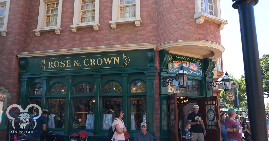 Rose & Crown Pub at the UK pavilion in EPCOT. This is a table service restaurant offering fish & chips as an option on the menu.