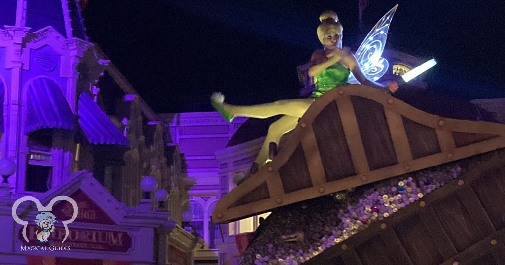 Tinker Bell in the Boo to You parade at Mickey's Not So Scary Halloween Party which takes place at night.