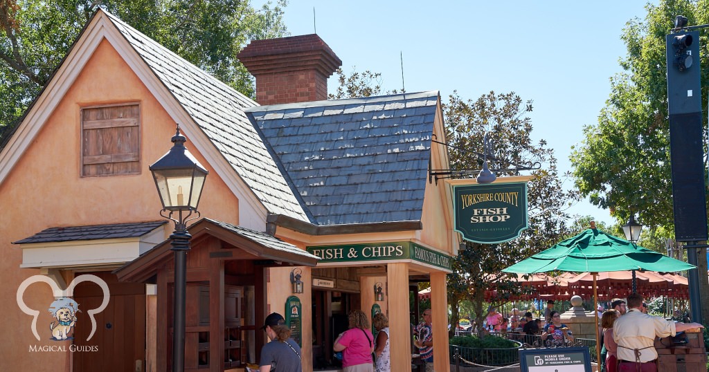 Yorkshire County Fish Shop in EPCOT. A quick service restaurant at the United Kingdom Pavilion offering a walk-up window for fish & chips.