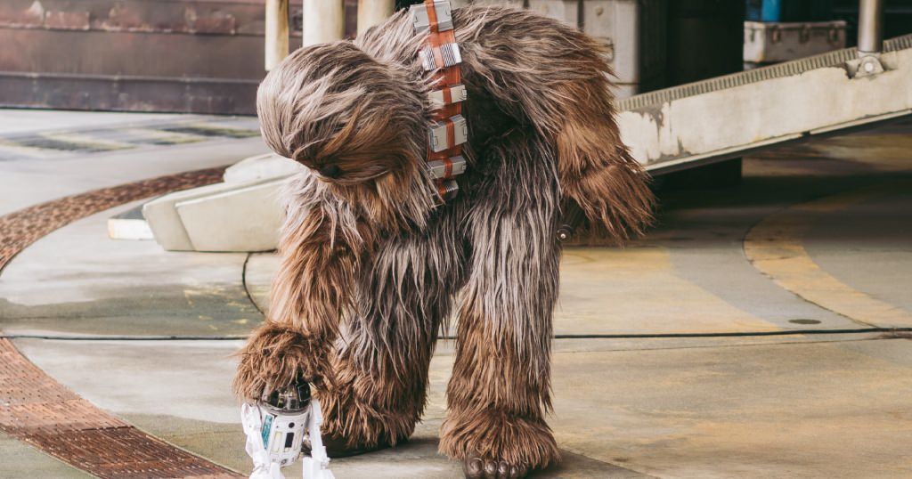 chewbacca petting a mini r2d2 unit.
