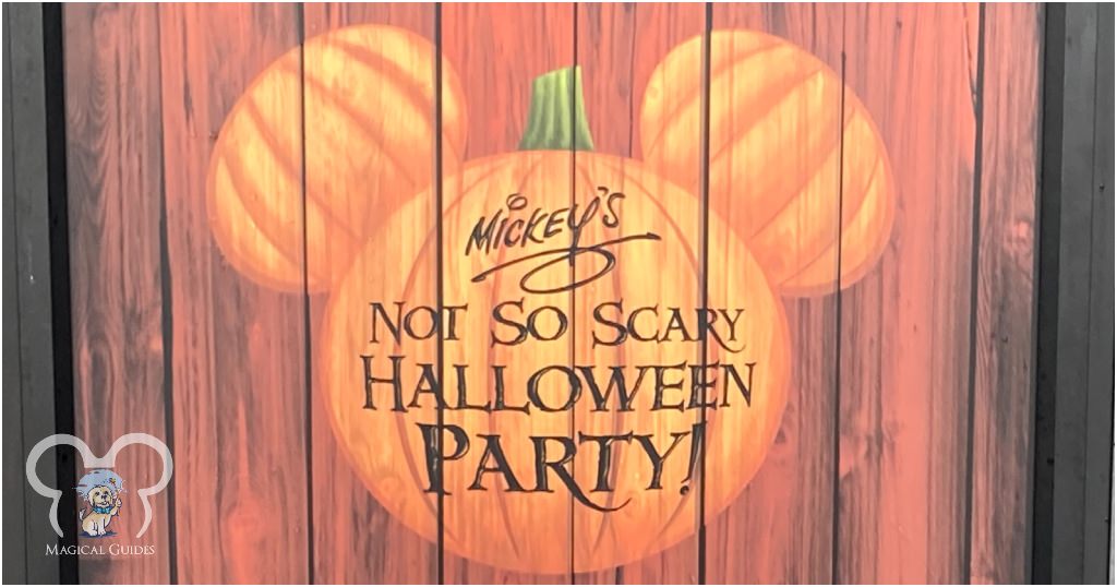 Sign directing guests to Mickey's Not So Scary Halloween Party in Magic Kingdom.