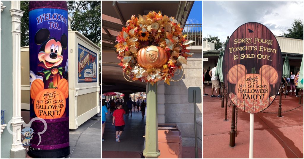 Signs out for Mickey's Not So-Scary Halloween Party (left and right). Carriage decoration out for October in Magic Kingdom (middle).