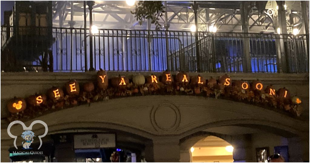 See Ya Real Soon sign lit up at Mickey's Not So-Scary Halloween party at the Magic Kingdom exit.