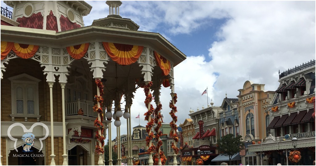 Fall and Halloween decorations on Main Street in Magic Kingdom. You can find these decorations up starting in August through October. September is a great month to see these decorations.