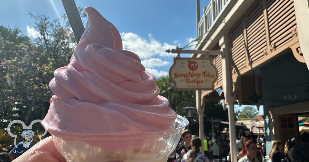 Strawberry Dole Whip® and Vanilla Swirl at Sunshine Terrace in Magic Kingdom. Tastes just like strawberries & cream.