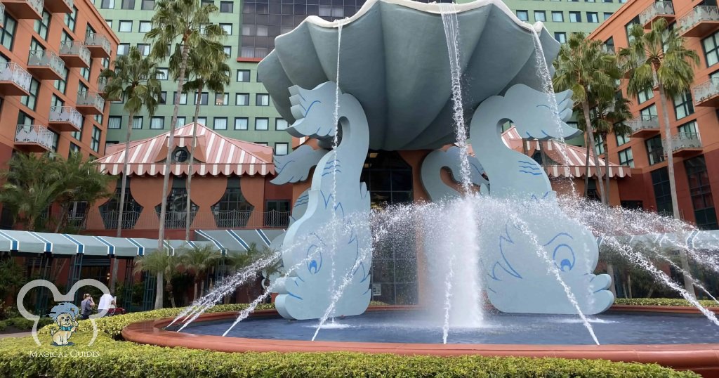 The giant Dolphin fountain that welcomes you to the walk-way at Disney's Dolphin resort.