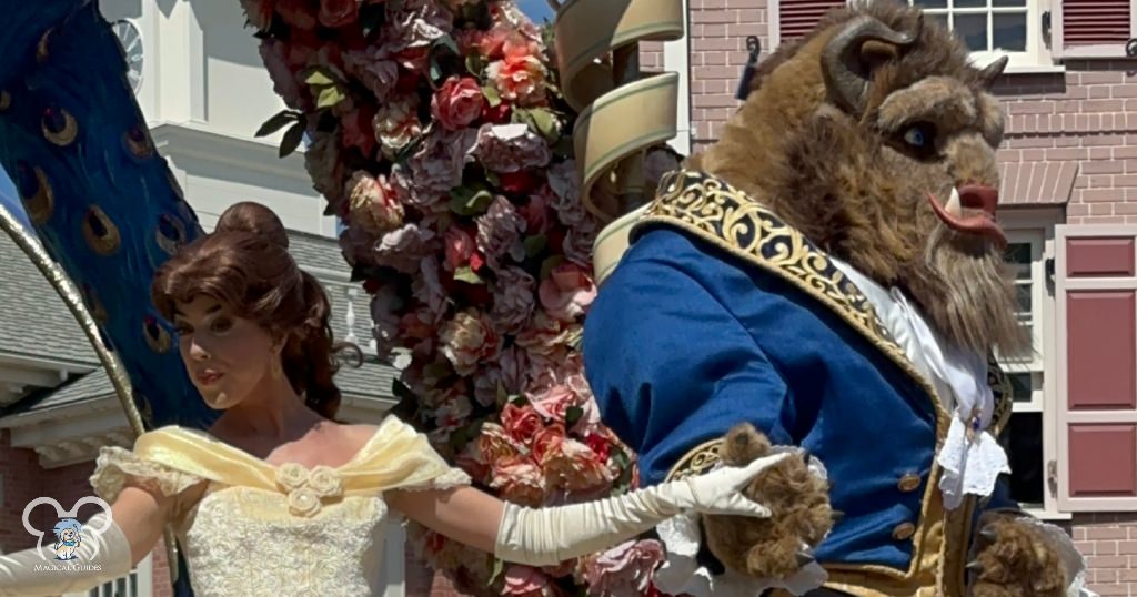 Belle and the Beast on the Festival of Fantasy Parade Float in Magic Kingdom.