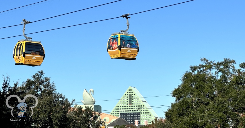 Disney's Skyliner in operation. You can also see the Walt Disney World Swan & Dolphin Hotel in the background.