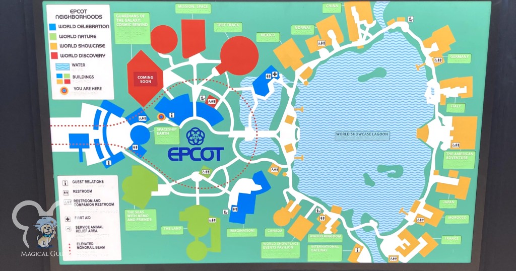 Map of EPCOT displayed in this Walt Disney World Theme Park. You can see all of the rides and the entrance that they are closest to, to help you plan out your rope drop strategy.