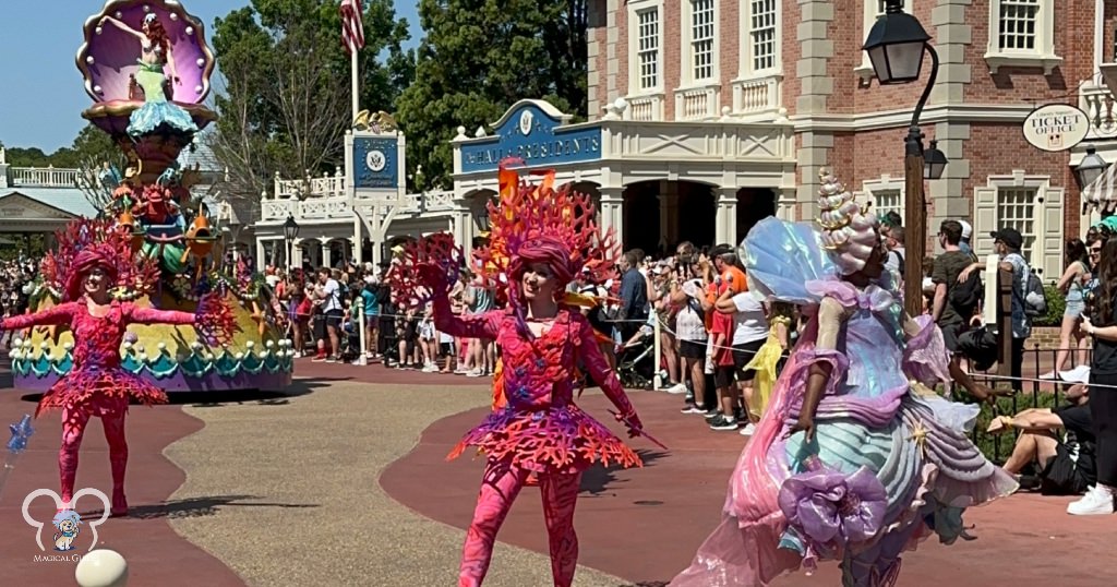 The Little Mermaid Dancers and Ariel on The Little Mermaid Float in the Festival of Fantasy Parade at Magic Kingdom