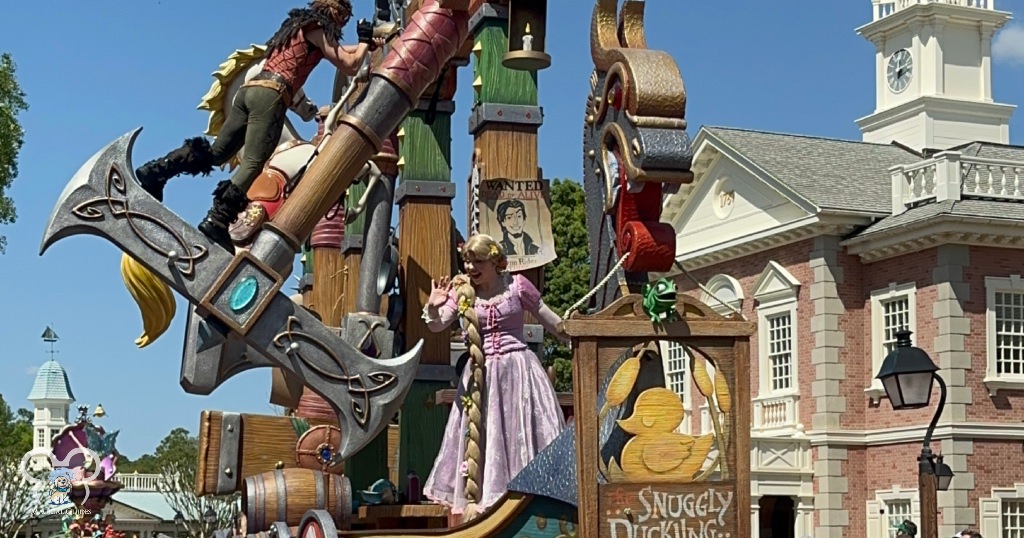 The Snuggly Duckling Float featuring Rapunzel in the Festival of Fantasy Parade in Magic Kingdom.