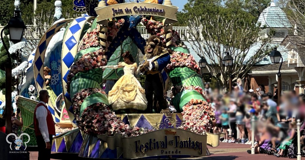 The Festival of Fantasy parade in Magic Kingdom starting with Beauty and the Beast.