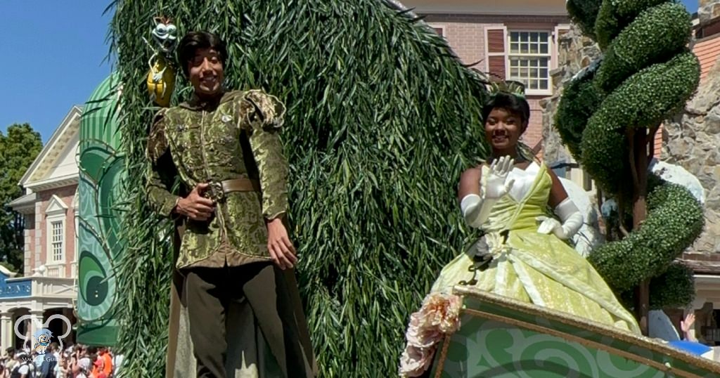 Princess Tiana and Prince Navean from the Princess and the Frog Float in the Festival of Fantasy Parade in Magic Kingdom.