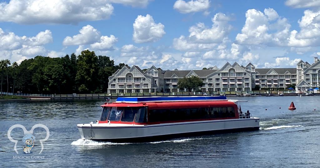 Friendship Boat in front of the Yacht Club. The friendship boats travel between the Swan & Dolphin Resorts, Yacht & Beach club Resorts, the Boardwalk resort, EPCOT, and Hollywood Studios.