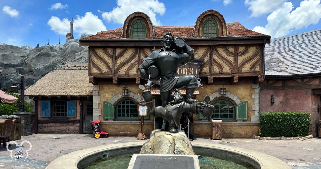 Gaston Statue in front of Gaston's Tavern in Magic Kingdom.