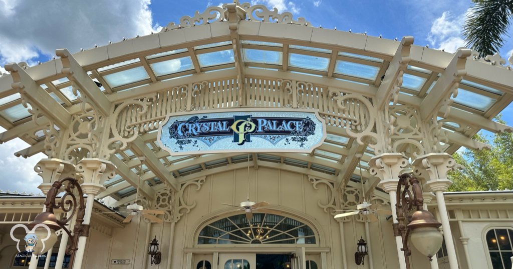 Crystal Palace sign in Magic Kingdom. Meet Winnie the Pooh, Tigger, and friends at this character dining location.